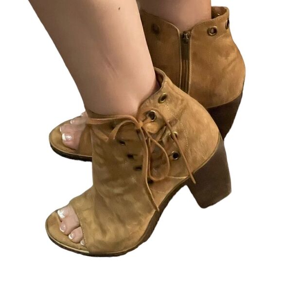 93 Vintage Womens Open Toe Ankle Boots Lace Up Tan Side Zip Vegan 9.5 - Picture 14 of 16